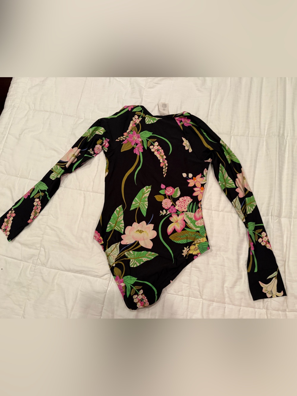 Long-Sleeve Black Floral One-Piece Tina Turk Swimsuit - Pink & Green Print